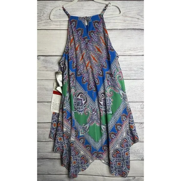 MSK Handkerchief Dress Size 16 Halter Top Paisley Green Blue BOHO Hippie Gypsy - Picture 2 of 16